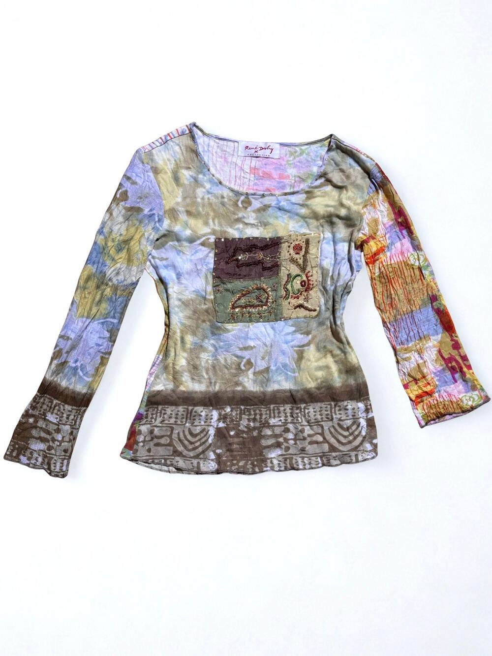 Vtg Y2K Rene Derhy Green Blue Watercolor Beaded Patchwork Top Size S